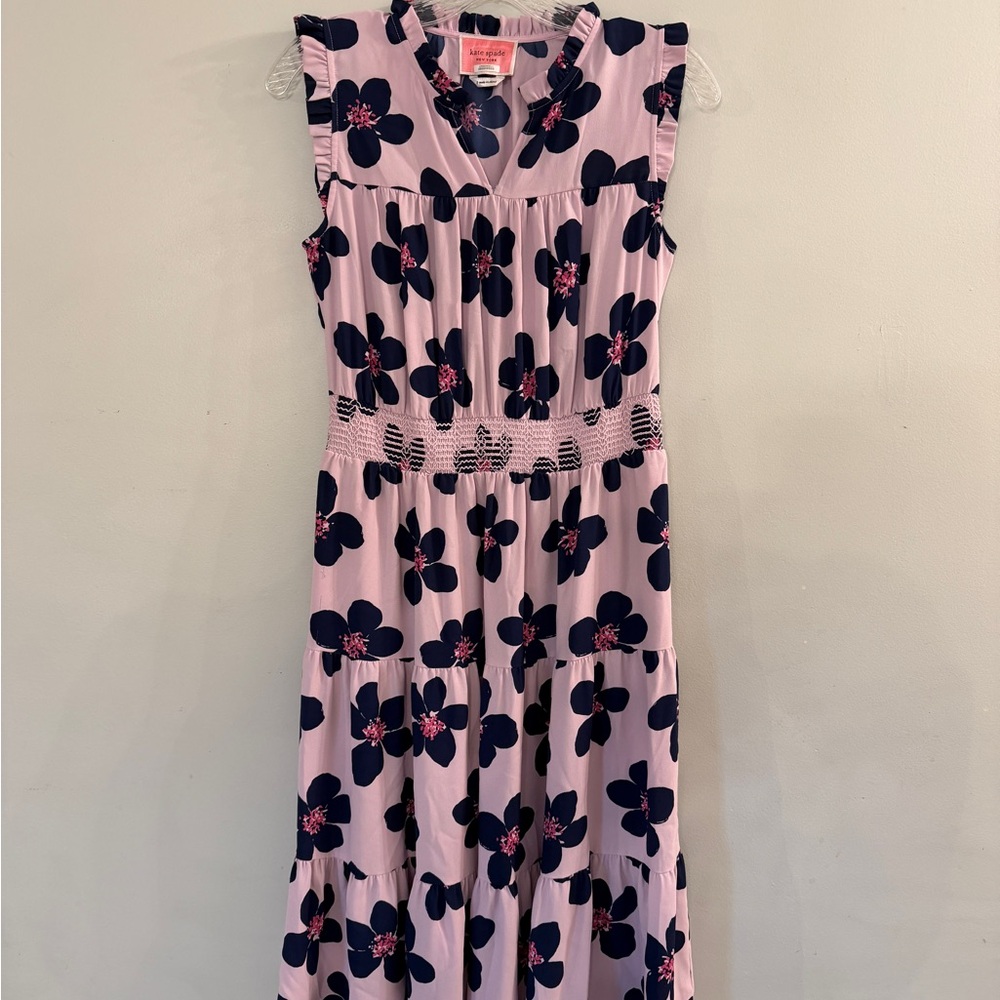 kate spade New York Mainline, Grand Flora Pink & Navy Midi Dress, Small